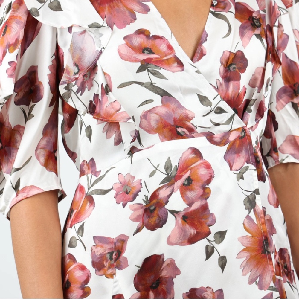 The Kooples Dress Silk Floral Print Wrap Mini Pink White Puff Sleeves Boho NWT - Picture 2 of 14